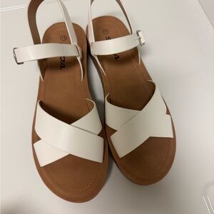 Soda White and Brown Sandals with Criss-Cross Straps